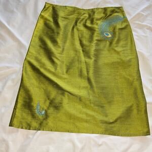 Vintage Anja Flint 100% Silk Lime Green Embroidered Skirt Size M made in USA